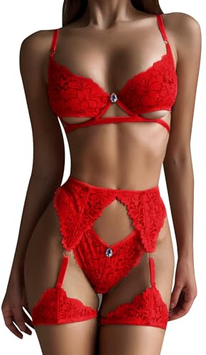 ssyyx Ensemble de lingerie sexy pour femme avec soutien-gorge en dentelle et culotte avec porte-jarretelles 3 pièces, Rouge, Small