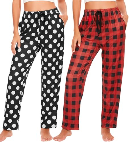 Ymmchy Damen Pyjamahose Lang Schlafanzughose Kariert Freizeithose Frauen Schlafhose Weiche Nachtwäsche Hose 2-Pack