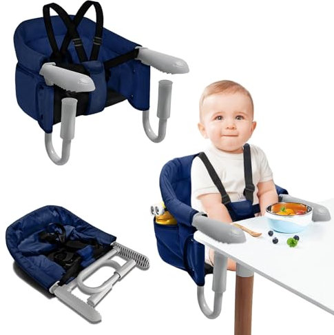 NAIZY Tischsitz Baby Blau Sitzerhöhung Stuhl Kind Hochstuhl Faltbar mit Rutschfeste Griff & Sicherheitsgurt & Aufbewahrungstaschen Kinderhochstuhl für 2-8cm dicke Tisch