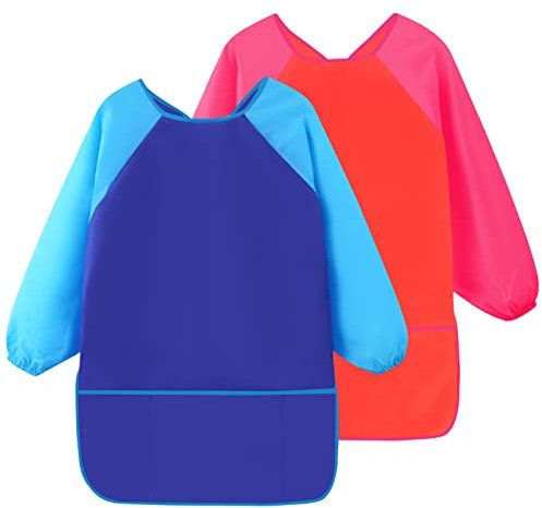Rapidbok 2 Stück Wasserdicht Malschürze Kinder von 3 bis 7 Jahren Mädchen/Junge, Kinder Malkittel mit Ärmeln und 3 Taschen, Bastelschürze Kinder für Schule Kunst Malerei Kochen
