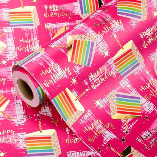 Retrify Geburtstags-Geschenkpapierrolle, 43,2 cm x 100 m, bunte Geburtstagskuchen mit Goldfolie, metallischem Glanz-Geschenkpapier, Happy Birthday-Schriftzug