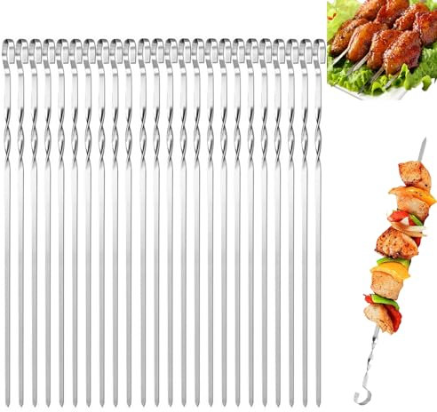 LEERMEIZ 24 Piezas Pinchos Acero Inoxidable,Brochetas de Kebab,Pinchos para Barbacoa Reutilizables,Brochetas de la Parrilla para Metal Plano Largo,Para Fiestas Barbacoa Fogata o Parrilla