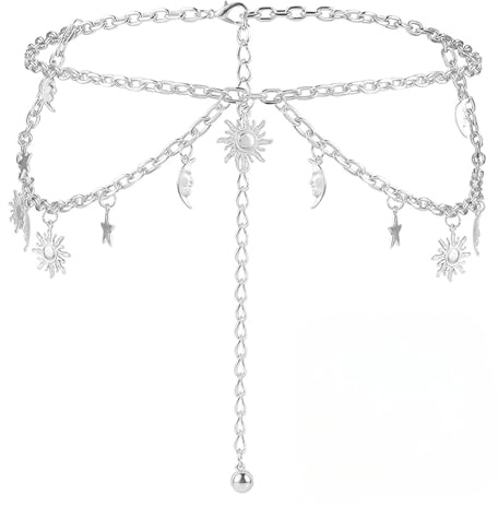 SSKHE Damen-Gürtel aus Metall, zweilagig, Sonne, Mond, Stern, verstellbare Taillenkette aus Metall für Hose, Kleid, Mantel