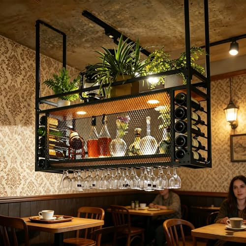 amhricho Deckenregal Hängend Weinregal, Große Kapazität Weinregal Hängender, Kann Hängend Oder An Der Wand Montiert, Einfache Art Mit Licht Für Bar, Restaurant, Indoor (Black, 100 * 30 * 55+40cm)