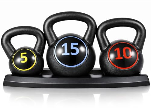 3 Pcs Kettlebell Set - 5lb, 10lb, 15lb Weight Lifting Training Kettle Bell for Cardio & Strength Exercise, Ideal for Home Gym Workouts