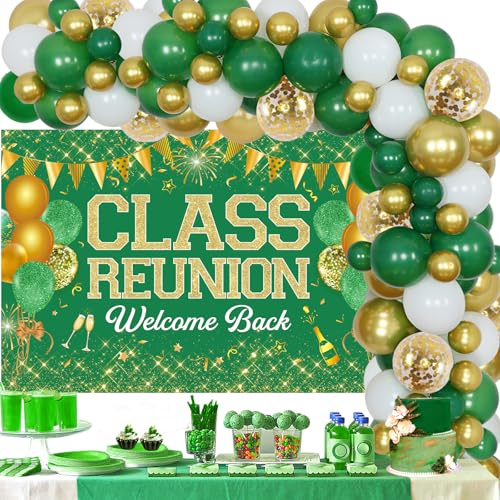 JOYMEMO Klassentreffen Party Dekorationen Grün und Gold - Ballongirlande Bogen Kit mit Willkommen zurück Klassentreffen Hintergrund, High School Reunion Party Fotografie Hintergrund Zubehör