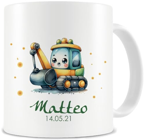 Samunshi® Kindertasse mit Namen Tasse mit Süßer Bagger Personalisierte Tasse Namen Kinder Kinderbecher personalisiert Wunschtext für Kindergarten oder Geburtstag weiß 300ml