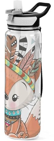 Mnsruu Transparente Sport-Wasserflasche mit Strohhalm, auslaufsichere Trinkflasche, niedlicher Cartoon-Fuchs mit Federn auf einer weißen Fahrradflasche für Sport, Büro, Schule, BPA-freier