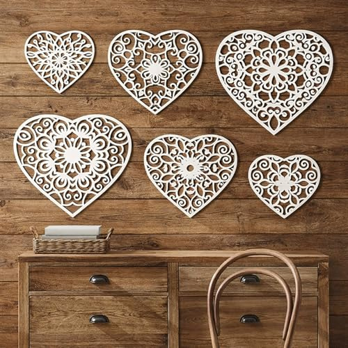 Wesiti 6 Pcs Wooden Heart Wall Decor Wood Hollow Carved Sign Rustic Hanging Wall Heart Carved Floral Patterned Sculpture for Kitchen Bedroom Living Room Office Valentine Decoration, 3 Sizes