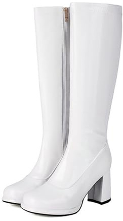 LMUIPMAA Femmes Mode Genoux Bottes Cuir Verni Cuir Talon Bloc Bottes Longues Fermeture Éclairper Fête Danse Chaussures,Blanc,47 EU