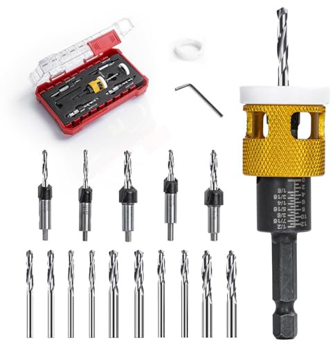 Countersink Drill Bit Set for Wood,17 PCS Counter Sink Drill Bit with 15PCS HSS Tapered Drill Bits and 1/4 Hex Shank Quick Change for Woodworking with Storage Box