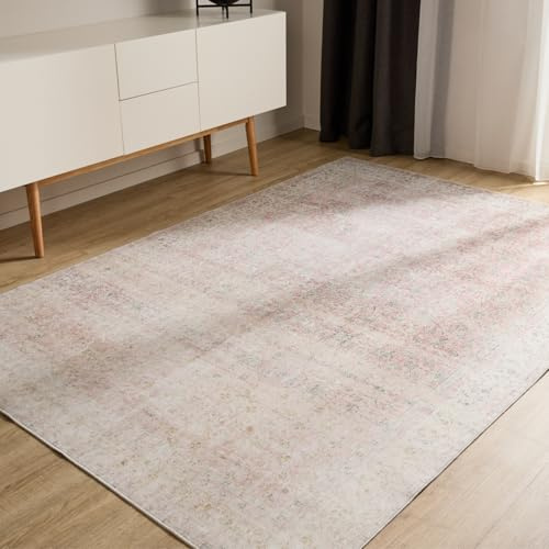benuta Basic Waschbarer Teppich George - Beige/Rosa 160x230 cm - Kunstfaser - Rechteckig & im Style: Vintage, Elegant, Retro - Pflegeleicht für Wohnzimmer Schlafzimmer
