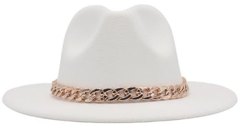 ZC8bdbd Fedora Filzhut für Damen und Herren, klassisch, große breite Krempe, Jazzhut mit Kette, Weiss/opulenter Garten, L