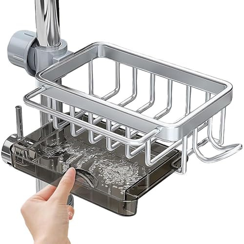 DINGFENG Spülbecken Organizer Silber Schwammhalter Spültuchhalter hängend | Selbstklebend mit Abflusspfanne für Küchenspüle Ordnung, einfache Montage ohne Bohren