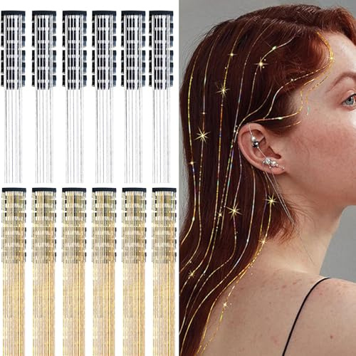Tangger 12 PZ Extension Capelli Extension Capelli Veri Clip Ciocche Colorate Per Capelli Bambina Extension Clip Con Finti Donna (Oro + Argento)