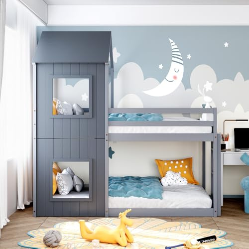 White Wooden Treehouse Bunk Bed with Canopy & Ladder Solid Pine Wood Loft Bed for Kids Single Cabin Frame with Guardrail (Grey 90cm*190cm)