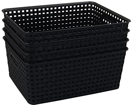Morcte Plastic Weave Shelf Basket, 4-Pack Plastic Baskets Organizer, Black