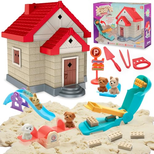 VBACALA Kit de Construcción con Arena para Niños-Juguetes de Obra con 750g de Arena,Herramientas de Construcción, Casita y Animalitos,Regalo Sensorial Educativo para Niños de 3-6 Años