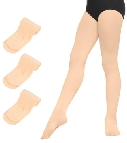 DiULi Medias de Ballet Convertibles para Niña, 90D Medias de Ballet Danza con Agujeros, Medias Pantys sin Costura con Infantil para Danza o Espectáculos, 3Pcs Niños Pantys Estirar (Rosa Carne)