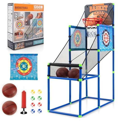 FANTASK Arcade basketlekset, basketstativ med resultattavla och ljudeffekt, basketkorg inkl. 2 basketbollar, 1 pump, 2 målskivor, 8 kardborrebollar, basketautomat inomhus och utomhus