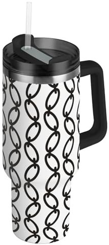 LI ZHI XIN 40oz Stainless Steel Water Bottle Travel Office Mug Car Cup,Insulated Tumbler Water Glasses with Handle and Straw,Reusable Thermal Cup for Beverages Long Iron Chain