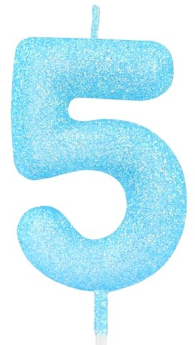 mciskin Glitzernde 5 Kerzen für Geburtstagskerzen, blaue Zahl 5 Kerzen für Kuchen, blaue Dekorationen zum 5. Geburtstag, Dekoration für Mädchen und Jungen, Macaron-Kuchen, Cupcake-Topper für Party