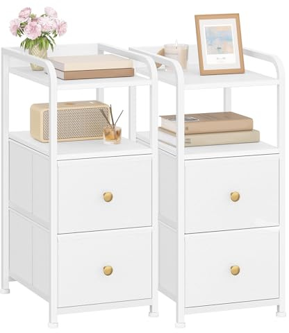 Hzuaneri Nachttisch 2er Set, Schmal Beistelltisch mit 2 Stoff-Schubladen | Schmaler Nachttische mit offenes Fach, Nachtschrank für Schlafzimmer, Wohnzimmer, 35 x 27 x 60 cm, Weiß NS02213W