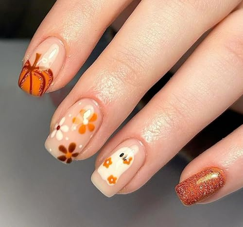JMEOWIO Halloween Autumn Ghost Semi Cured Gel Strips Wraps Nail Art Sticker