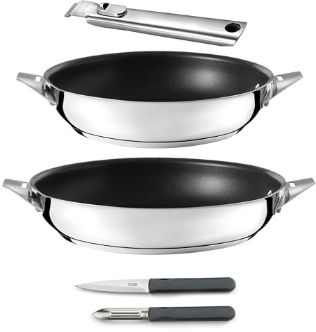 Cuisinox Eclipse - Juego de cocina y cuchillos, sartenes de 24/28 cm, pelador y cuchillo multiusos, mango extraíble acero inoxidable, revestimiento cerámico, para todas las cocinas, incluida inducción