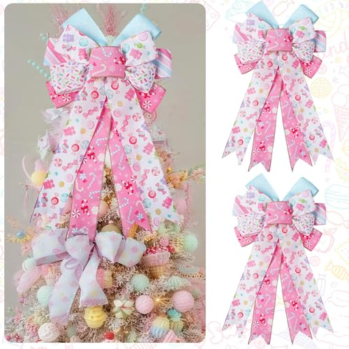 FineCheer 2 Pack Pastel Christmas Tree Topper Bows, 12x 20 Large Candy Craft Bows Ornaments Pink Christmas Tree Topper with Pastel Wired Edge Xmas for Home Front Door Decor