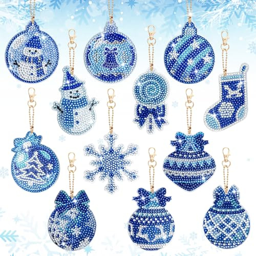 BOYATONG 12x Diamond Painting Weihnachten Adventskalender Anhänger, 5D Doppelseitige Diamond Painting Set Kinder, DIY Bastelset Schlüsselanhänger Weihnachten Christmas Decorations