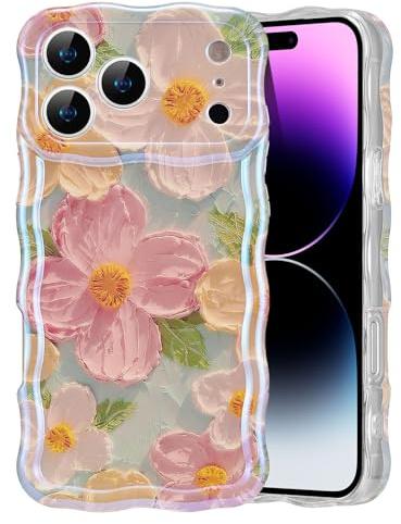 EYZUTAK Telefonskal för iPhone 17 Pro, färgglad vintage oljemålning blomma glänsande telefonfodral lockigt vågram TPU-fodral slitstarkt ränder skyddsfodral - grön
