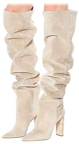 Ceciloroda DaHerren Thigh Hohe Stiefel Höhe Ferse Slouchy Hohe Stiefel Wide Calf Sexy Pull-On Party Botas para Mujer Gemütlich Apricot Size 38