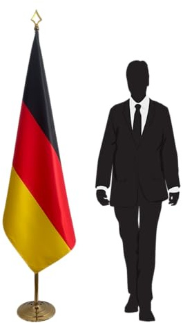 Drapeau protocolaire Allemagne avec pied et mât – pour représentations diplomatiques, universités, écoles et bureaux. Pied Ø 315mm, inox finition dorée, hampe pointe lance. Code CN6-DE-L