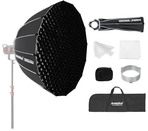 Ambitful Softbox octogonal de 60 cm, montaje Bowens con 2 difusores y rejilla | Paraguas parabólico de liberación rápida, con bolsa de transporte, para flash de estudio y monolight