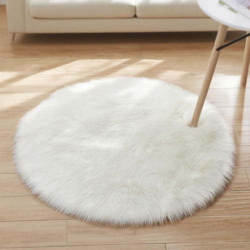 AMFUN 90CM Alfombra de Piel de Oveja Sintética, Blanco Alfombra Shaggy, Alfombras Redonda, Alfombra Antideslizante Muy Suave para Recámara, Sofá, Suelo