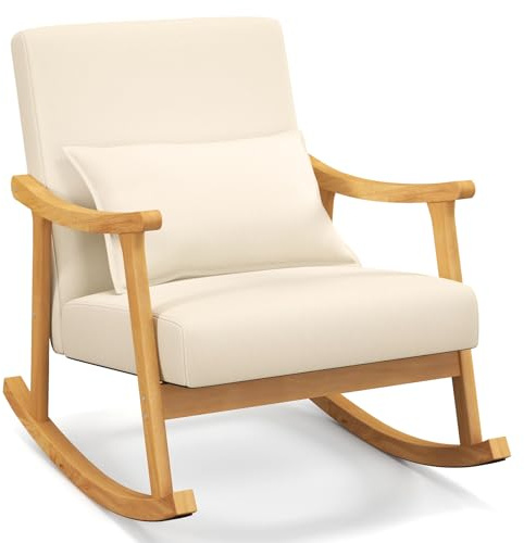 RELAX4LIFE gepolsterter Schaukelstuhl, Schaukelsessel mit Armlehnen, Loungesessel mit Rückenlehne & Sitzkissen, Schwingsessel aus Holz für Wohnzimmer Schlafzimmer, bis 150kg belastbar (Beige)