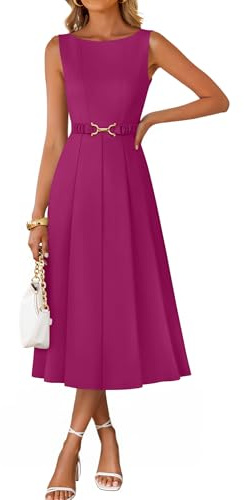 ZESICA Women Summer Sleeveless Midi Dresses 2026 Elegant Boat Neck A Line Tie Waist Spring Cocktail Party Dress Fuchsia Small