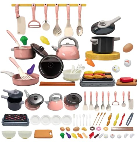 Juego de Cocina Infantil de 110 Piezas, Set de rol de Chef con Utensilios y Alimentos de Juguete, Rosa y Negro, para Niños y Niñas de 3 a 8 Años (Rosa 61 Piezas)