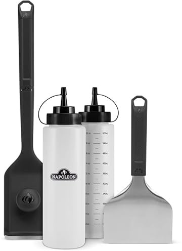 Napoleon® BBQ Accessory - GATL013 - Griddle 4-Piece Cleaning Kit, Includes One Scraper, One Scouring Brush, Two Squeeze Bottles, Slip Resistant Grip, Loop for Hanging, Bottles Hold 600 ML (20 oz) Each