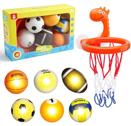 PnxdeabXL Light Up Bath Toys Set with Giraffe Basketball Hoop Suction Cup, Water Activated LED Floating Balls, Multi Sport Bathtub Toys for Kids, Indoor & Bathroom Shooting Game Gift Set