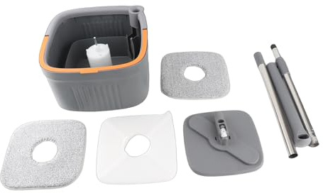 Set Spazzolone Rotante e Secchio, Con Cuscinetti in Microfibra Auto-Strizzante, Per La Pulizia di Pavimenti in Piastrelle e Legno Duro, Acciaio Inossidabile Grigio 53,15 Pollici (2 Mop Pads)