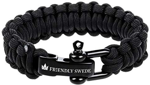 THE FRIENDLY SWEDE Braccialetto di Sopravvivenza in Paracord, con Chiusura in Acciaio Inox (Nero+Nero, S)