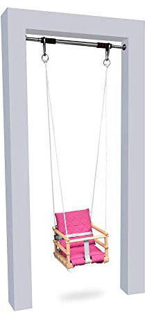Holz Babyschaukel Kinderschaukel Holz Babywippe Zimmerschaukel Indoor Baby Schaukel Stoff Babysitz Baby Schaukel zum Aufhängen 4 in 1 Sicherheitsgurt + 2X Befestigungshaken (Natürliche&Pink)