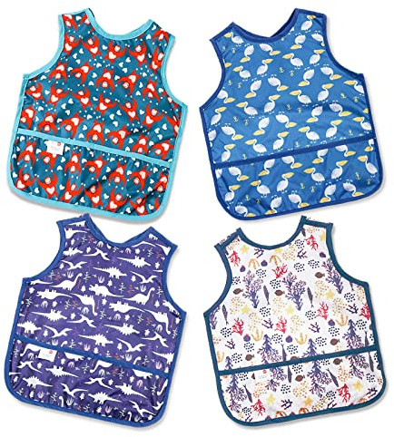 Joyo roy Mess Proof Baby Bibs for Eating Waterproof Toddler Bibs 1-3 Years Soft Machine Washable Sleeveless Baby Smock Bib for Boys Travel Reusable Led Weaning Apron for Feeding Bib with Food Catcher