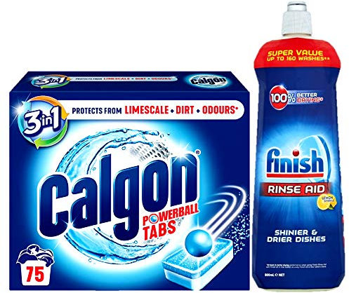 Calgon 3-in-1 Washing Machine Water Softener 75 Tablets and Finish Dishwasher Rinse Aid Lemon 800ml