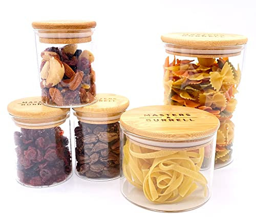 Glass Storage Jars with Bamboo Lids Airtight Kitchen Food Storage Canister Cylinder Clear Preserving Seal Containers High Borosilicate Glass Includes Sticker and Chalk M&B (Set of 5)