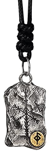 ForFox Wikinger 925 Sterling Silber Binden Runes Vegvisir Kompass Anhänger Halskette mit Hammer Textur für Herren Damen
