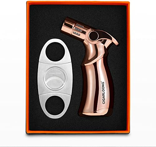 CIGARLOONG Cigar Cutter and Lighter Set 2 Piece Stainless Steel Blade Guillotine and Four Jet Flame Refillable Lighter(Silver+Gold)