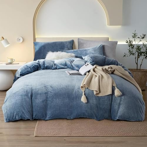 YASMENG Warme Winter Bettwäsche 200x200cm Blau Flauschige Plüsch Bettwäsche Super Weich & Kuschlig Hochwertige Bettbezug Set mit Reißverschluss und 2 Kopfkissenbezüge 80x80cm